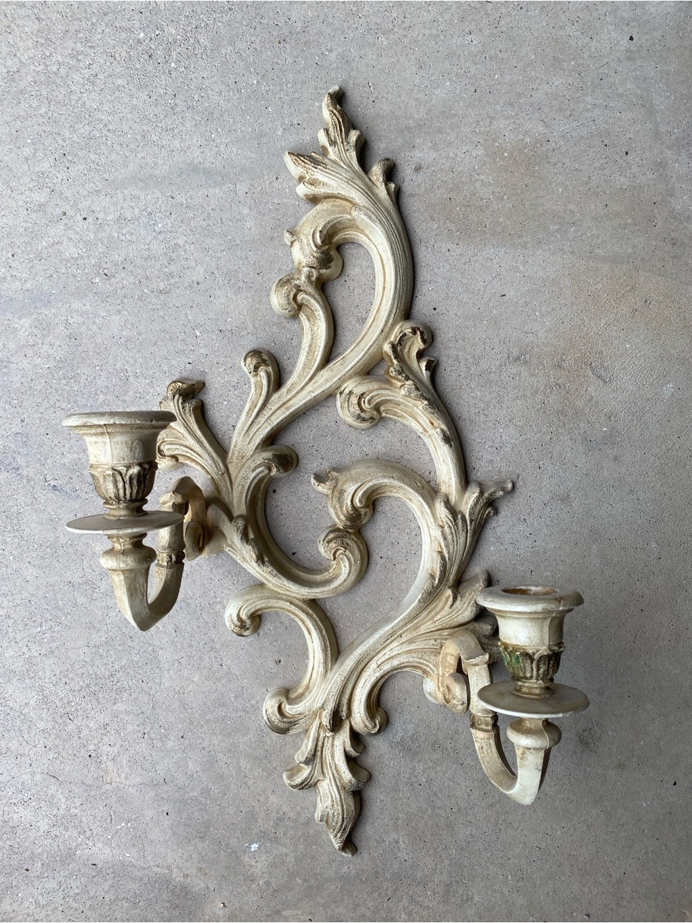 Ornate Scroll Candlestick Wall Sconce Pair in Distressed Cream